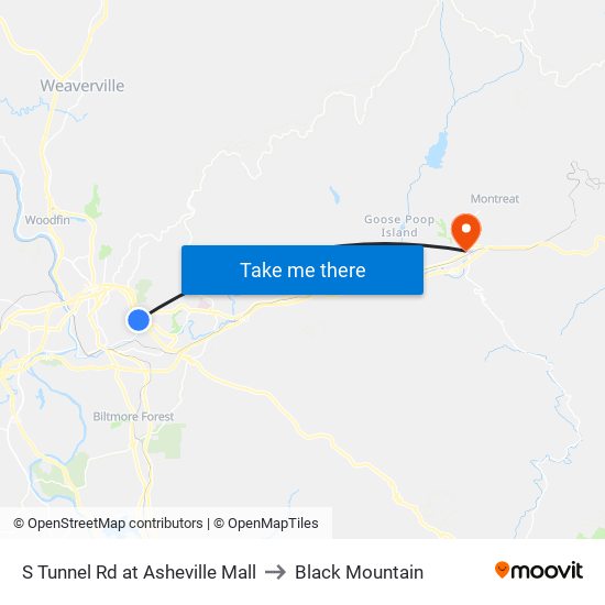 S Tunnel Rd at Asheville Mall to Black Mountain map