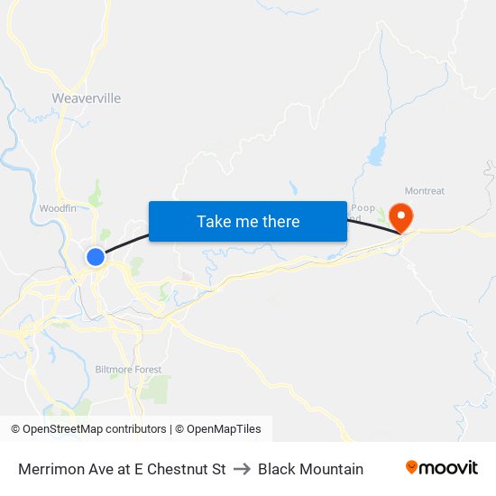 Merrimon Ave at E Chestnut St to Black Mountain map