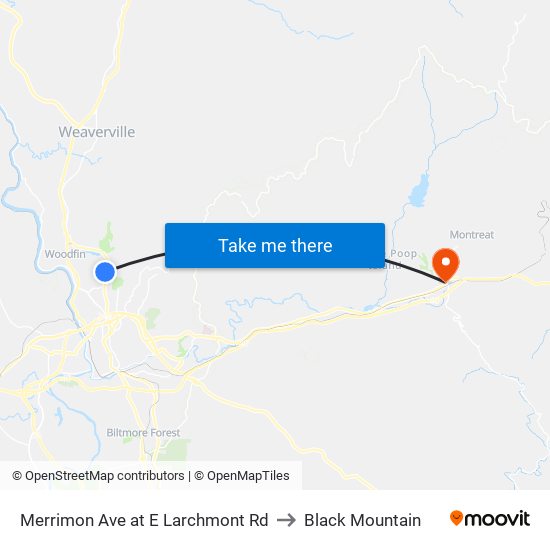 Merrimon Ave at E Larchmont Rd to Black Mountain map