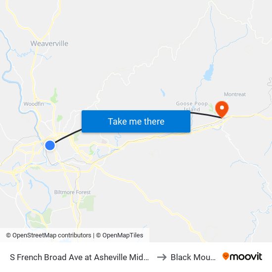 S French Broad Ave at Asheville Middle School to Black Mountain map