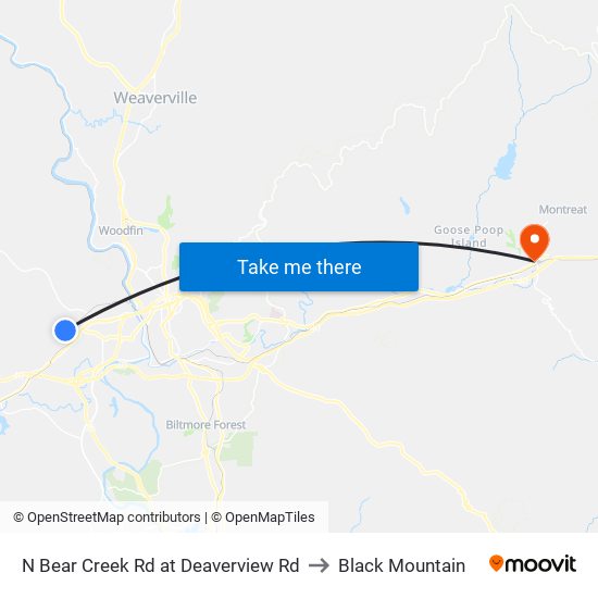 N Bear Creek Rd at Deaverview Rd to Black Mountain map