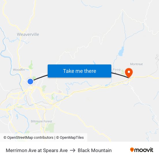 Merrimon Ave at Spears Ave to Black Mountain map