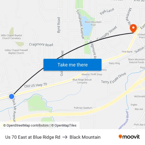 Us 70 East at Blue Ridge Rd to Black Mountain map