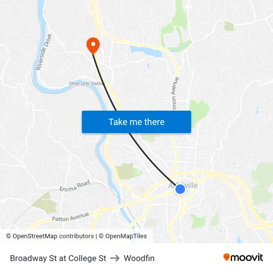 Broadway St at College St to Woodfin map
