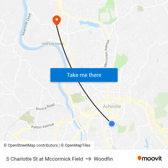 S Charlotte St at Mccormick Field to Woodfin map