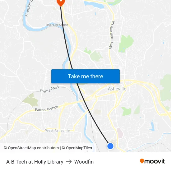 A-B Tech at Holly Library to Woodfin map