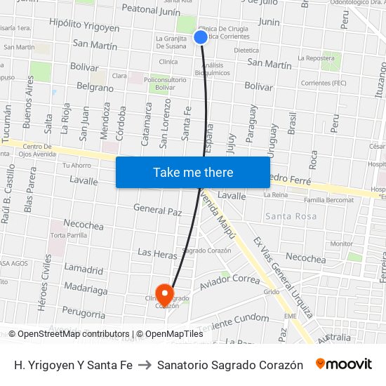 H. Yrigoyen Y Santa Fe to Sanatorio Sagrado Corazón map