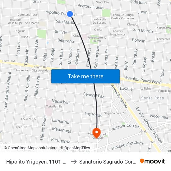 Hipólito Yrigoyen, 1101-1199 to Sanatorio Sagrado Corazón map