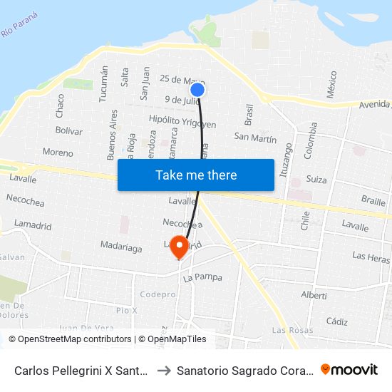 Carlos Pellegrini X Santa Fe to Sanatorio Sagrado Corazón map