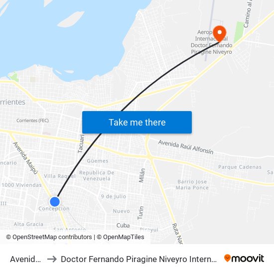 Avenida Maipú, 2496 to Doctor Fernando Piragine Niveyro International Airport (CNQ) (Aeropuerto Internacional de Corriente map