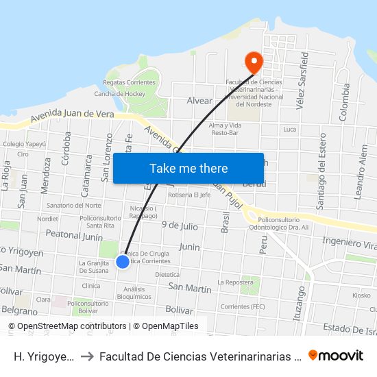 H. Yrigoyen Y Santa Fe to Facultad De Ciencias Veterinarinarias - Universidad Nacional Del Nordeste map