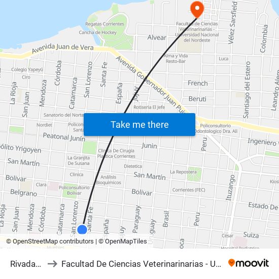 Rivadavia 1551 to Facultad De Ciencias Veterinarinarias - Universidad Nacional Del Nordeste map