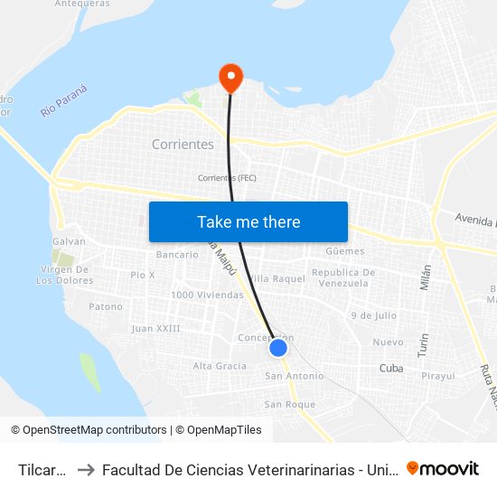 Tilcara, 3119 to Facultad De Ciencias Veterinarinarias - Universidad Nacional Del Nordeste map