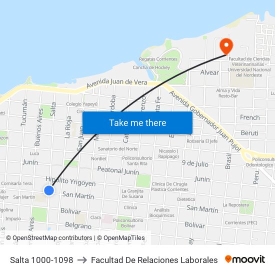 Salta 1000-1098 to Facultad De Relaciones Laborales map
