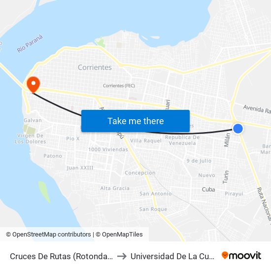 Cruces De Rutas (Rotonda Virgen De Itati) to Universidad De La Cuenca Del Plata map