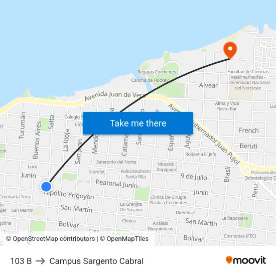 103 B to Campus Sargento Cabral map