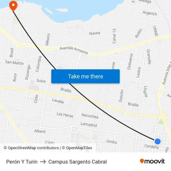 Perón Y Turín to Campus Sargento Cabral map