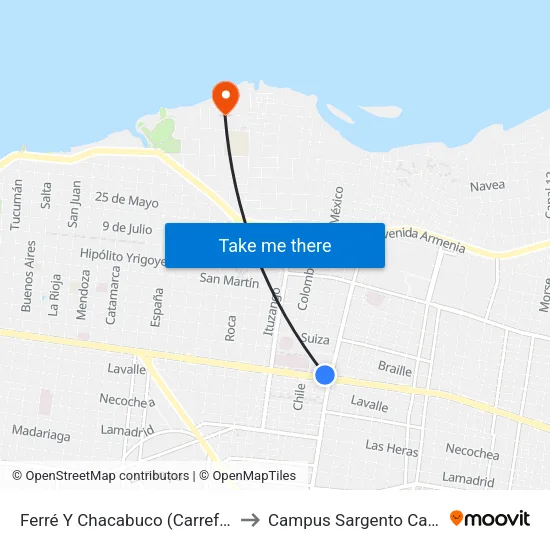 Ferré Y Chacabuco (Carrefour) to Campus Sargento Cabral map