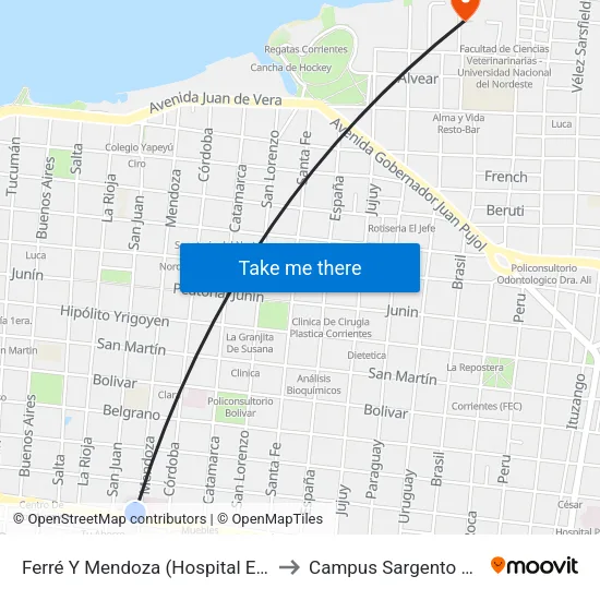 Ferré Y Mendoza (Hospital Escuela) to Campus Sargento Cabral map