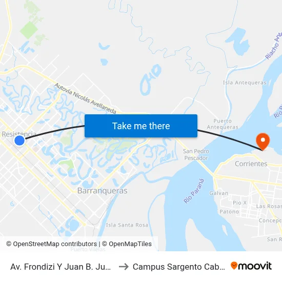 Av. Frondizi Y Juan B. Justo to Campus Sargento Cabral map