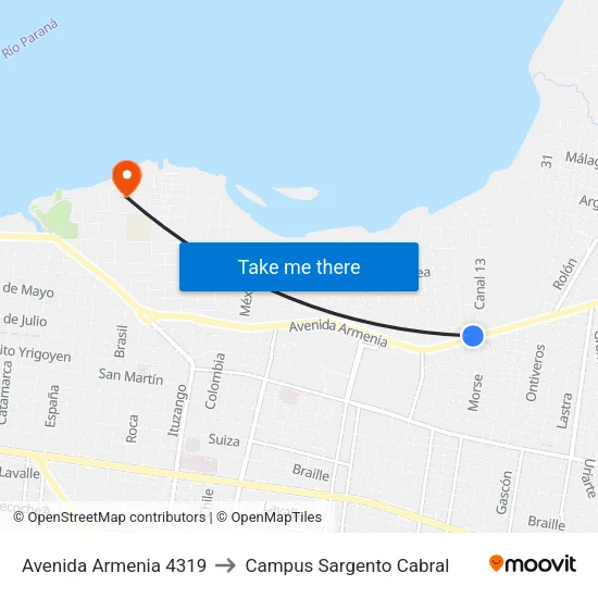 Avenida Armenia 4319 to Campus Sargento Cabral map