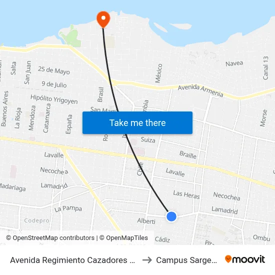 Avenida Regimiento Cazadores Correntinos, 3365 to Campus Sargento Cabral map