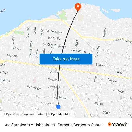 Av. Sarmiento Y Ushuaia to Campus Sargento Cabral map