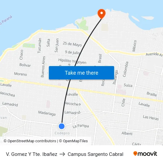 V. Gomez Y Tte. Ibañez to Campus Sargento Cabral map