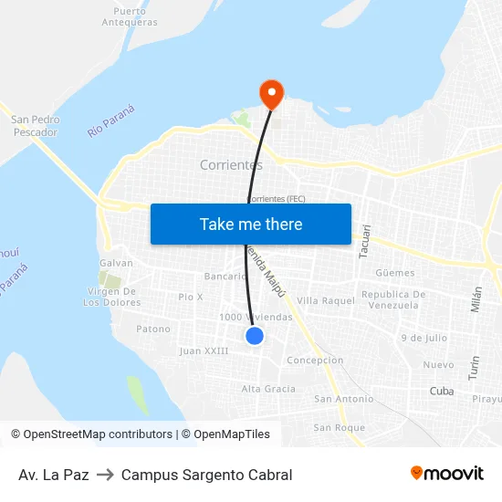 Av. La Paz to Campus Sargento Cabral map