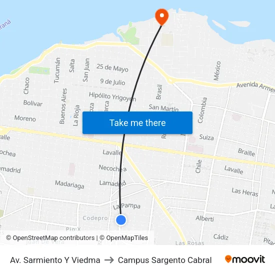 Av. Sarmiento Y Viedma to Campus Sargento Cabral map