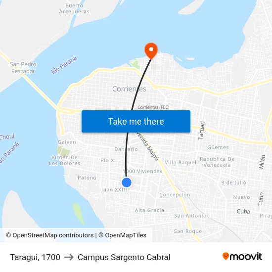 Taragui, 1700 to Campus Sargento Cabral map