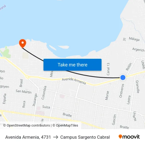 Avenida Armenia, 4731 to Campus Sargento Cabral map