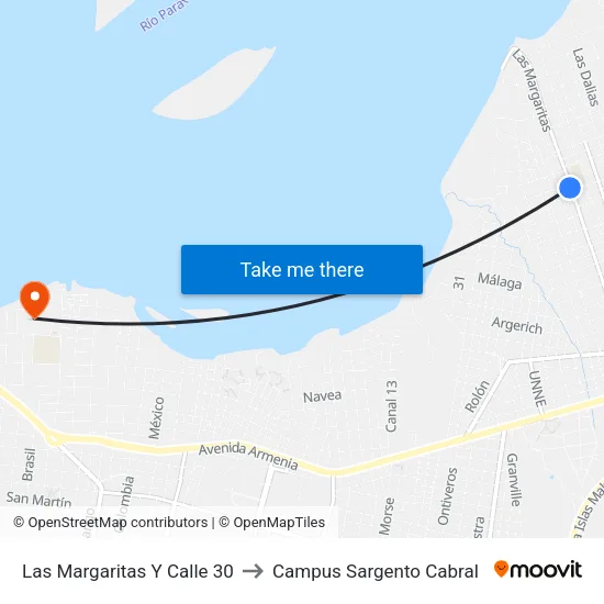 Las Margaritas Y Calle 30 to Campus Sargento Cabral map