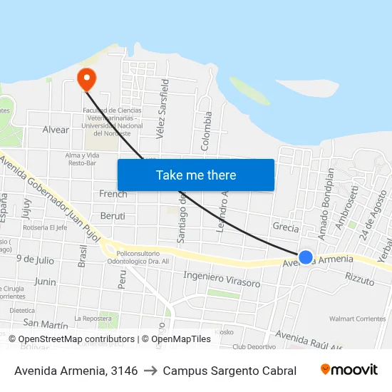 Avenida Armenia, 3146 to Campus Sargento Cabral map