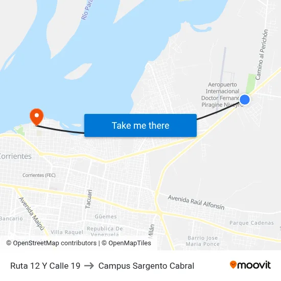 Ruta 12 Y Calle 19 to Campus Sargento Cabral map