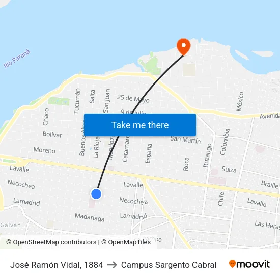 José Ramón Vidal, 1884 to Campus Sargento Cabral map