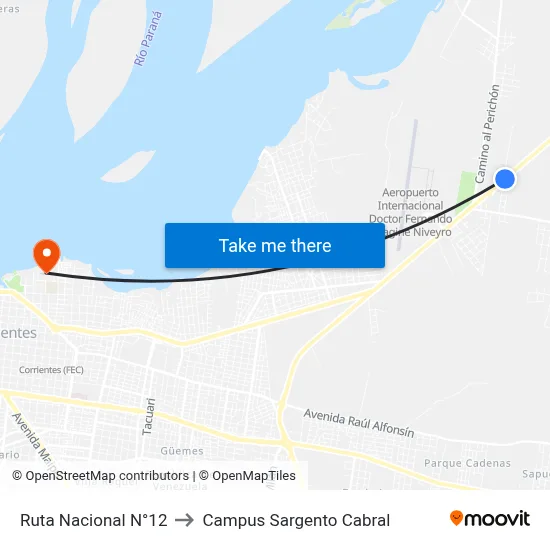 Ruta Nacional N°12 to Campus Sargento Cabral map