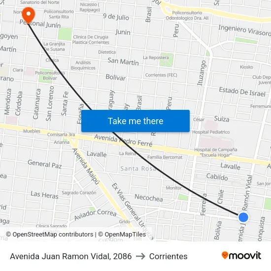 Avenida Juan Ramon Vidal, 2086 to Corrientes map