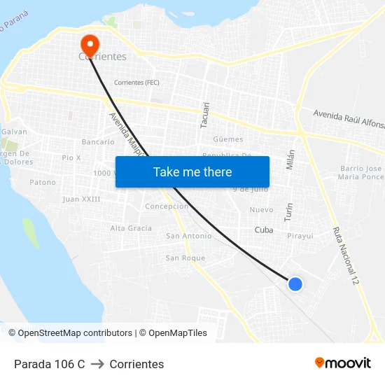 Parada 106 C to Corrientes map