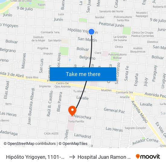Hipólito Yrigoyen, 1101-1199 to Hospital Juan Ramon Vidal map
