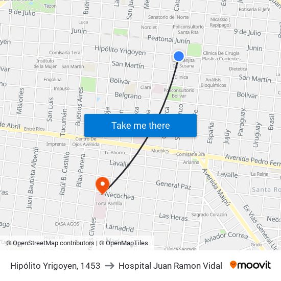 Hipólito Yrigoyen, 1453 to Hospital Juan Ramon Vidal map