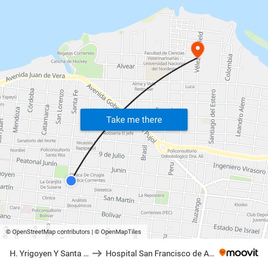 H. Yrigoyen Y Santa Fe to Hospital San Francisco de Asis map