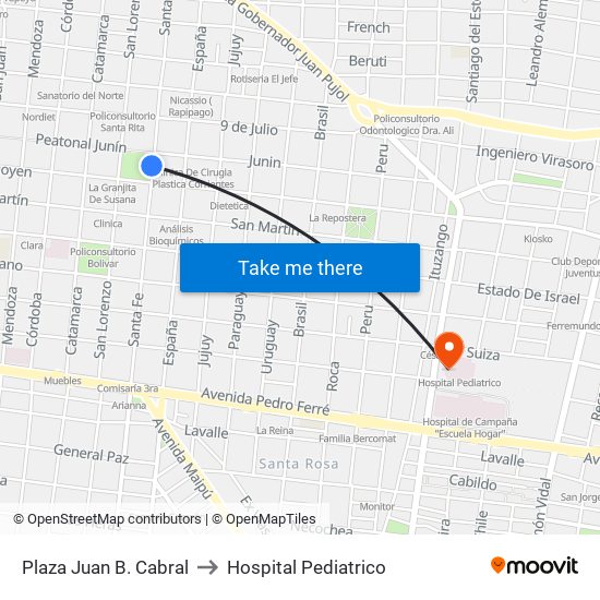 Plaza Juan B. Cabral to Hospital Pediatrico map