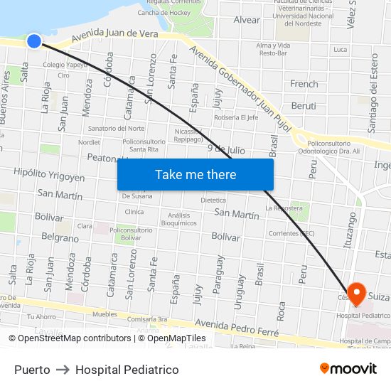 Puerto to Hospital Pediatrico map