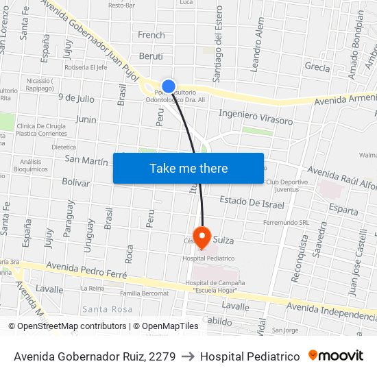 Avenida Gobernador Ruiz, 2279 to Hospital Pediatrico map