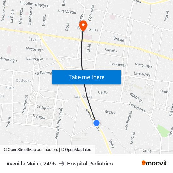 Avenida Maipú, 2496 to Hospital Pediatrico map