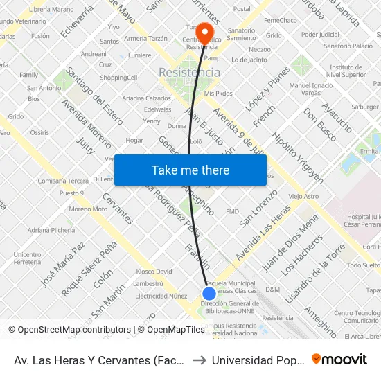Av. Las Heras Y Cervantes (Facultad) to Universidad Popular map