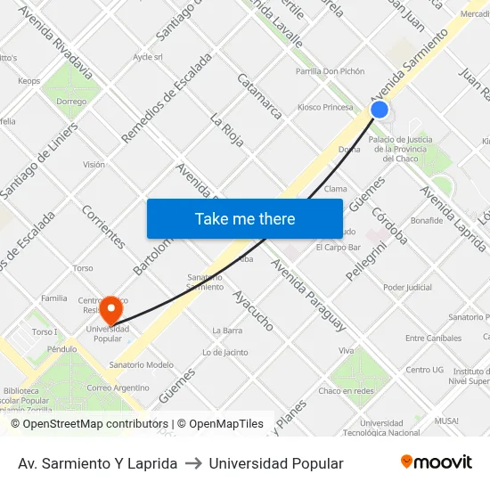Av. Sarmiento Y Laprida to Universidad Popular map