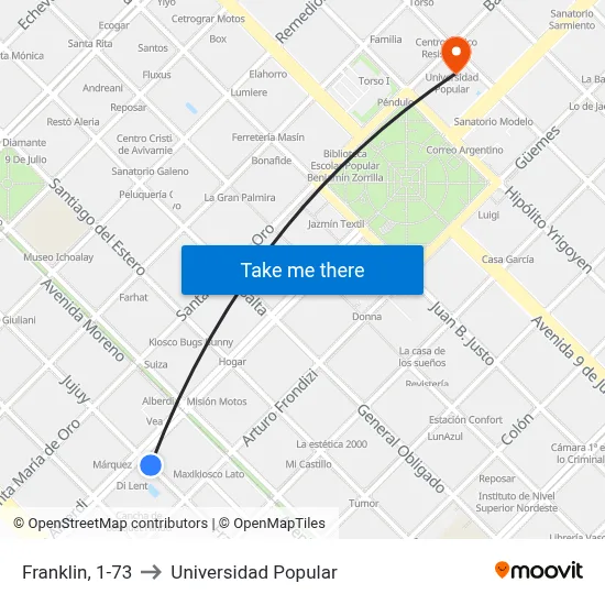 Franklin, 1-73 to Universidad Popular map