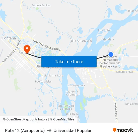 Ruta 12 (Aeropuerto) to Universidad Popular map